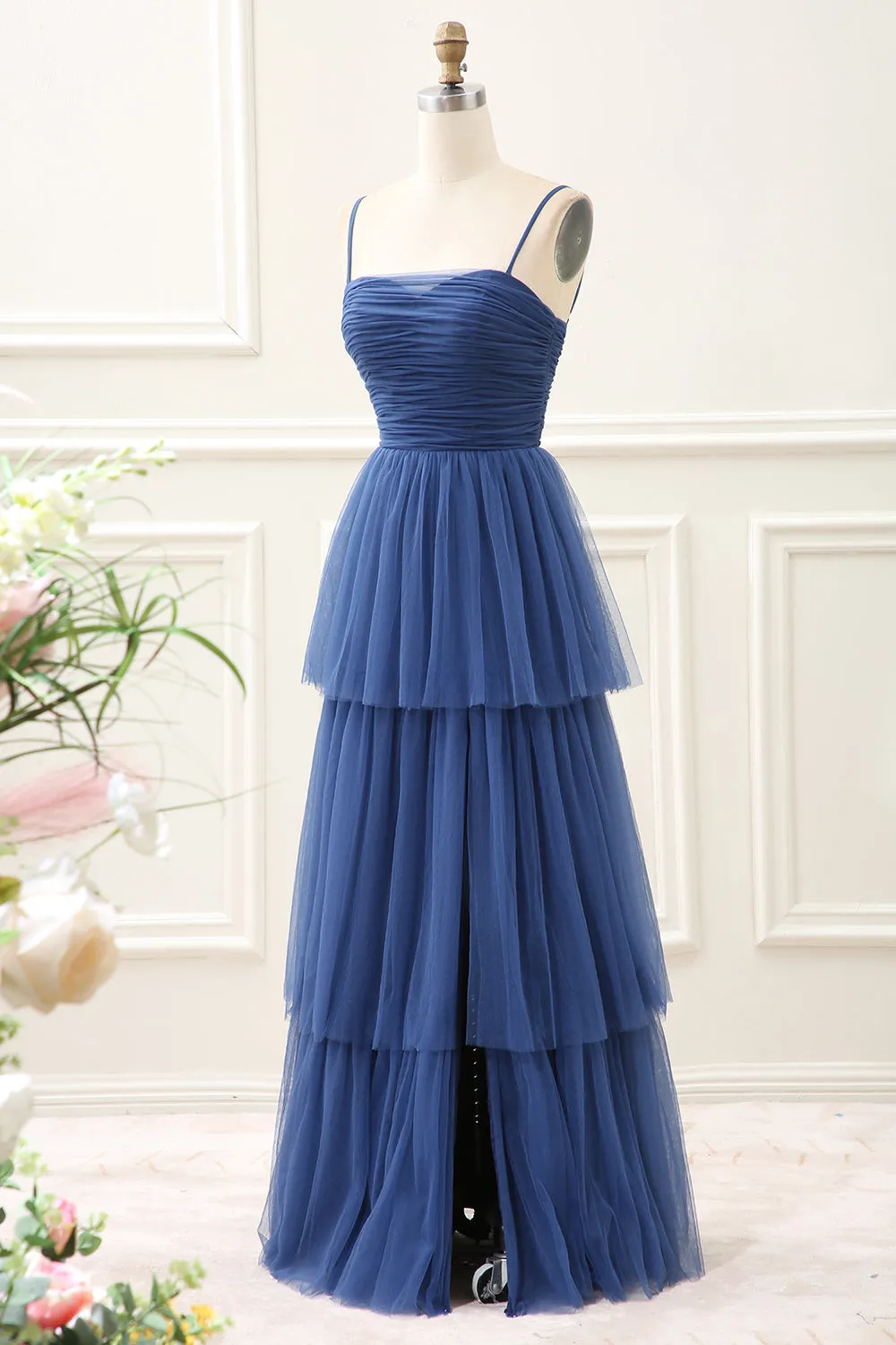 A Line Spaghetti Straps Navy Tiered Tulle Pleated Maxi Dress with Slit