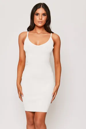 Ally - White V Neck Ribbed Dress