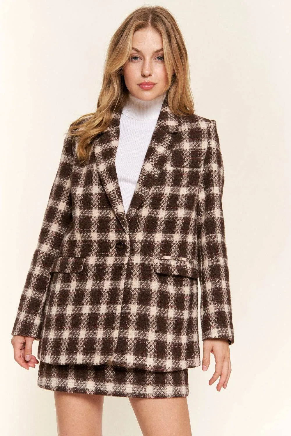 And The Why Women's Plaid Brushed One Button Blazer