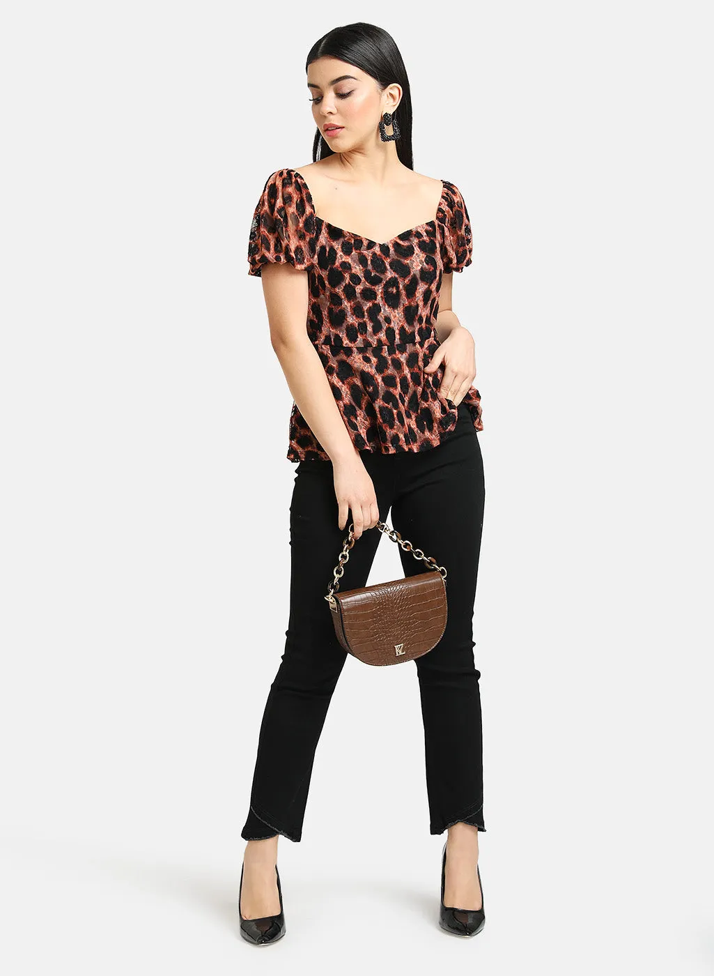 Animal Print Lace Top With Peplum