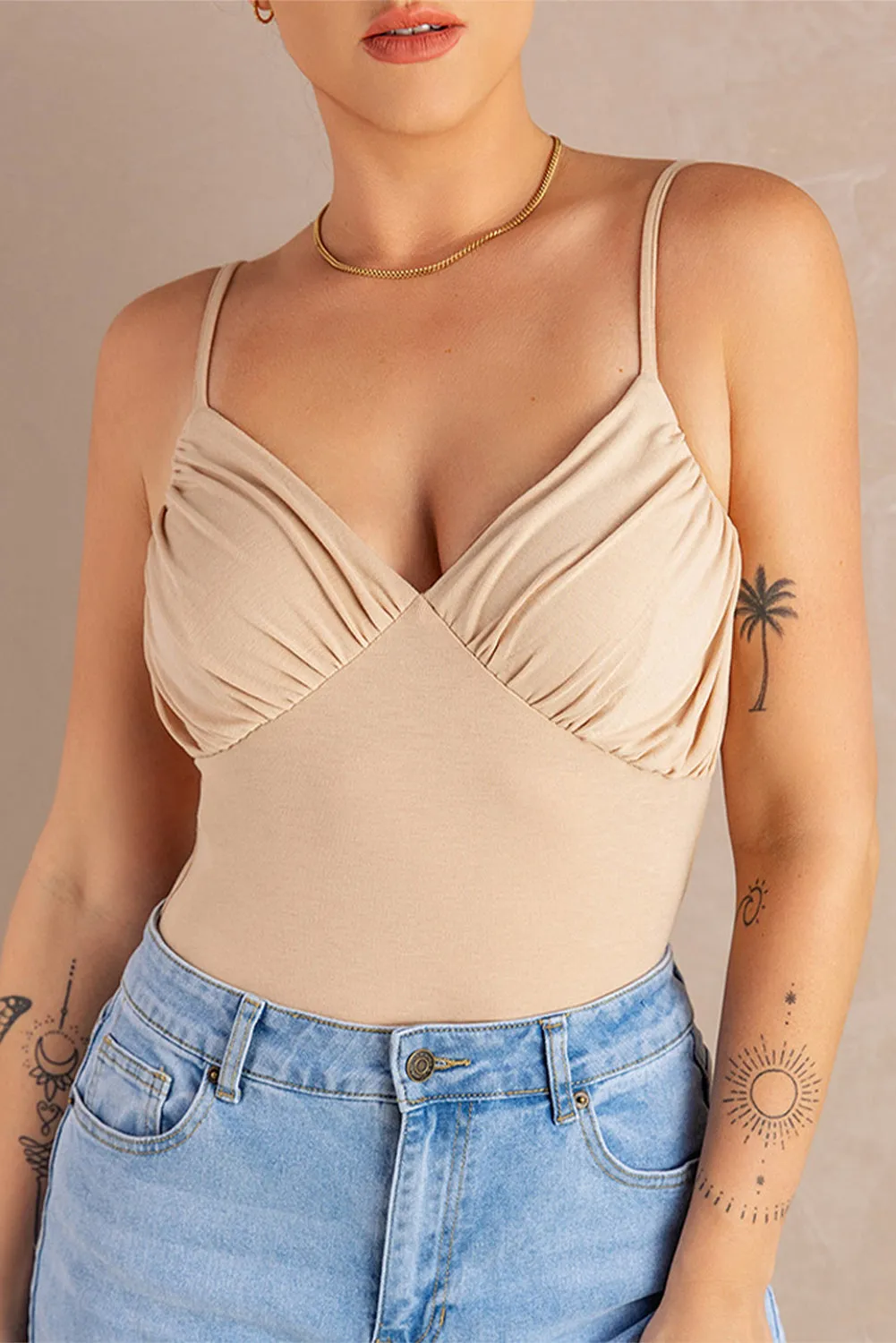 Beige Ruched Spaghetti Strap V Neck Bodysuit Top