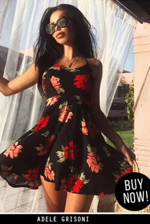 Black And Red Floral Skater Dress