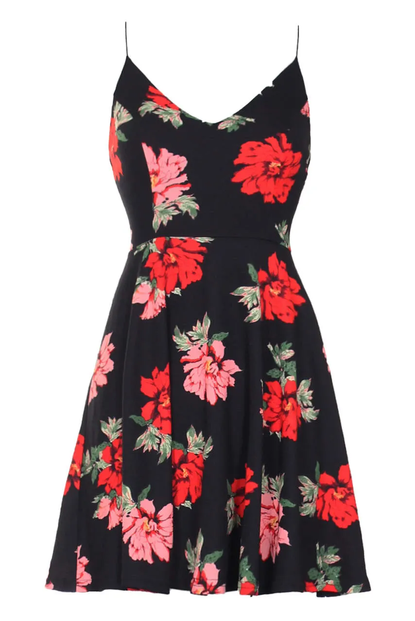 Black And Red Floral Skater Dress