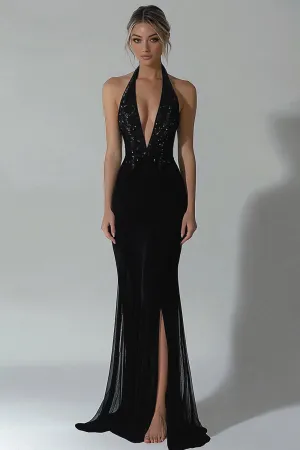 Black Halter Mermaid Formal Dress with Slit