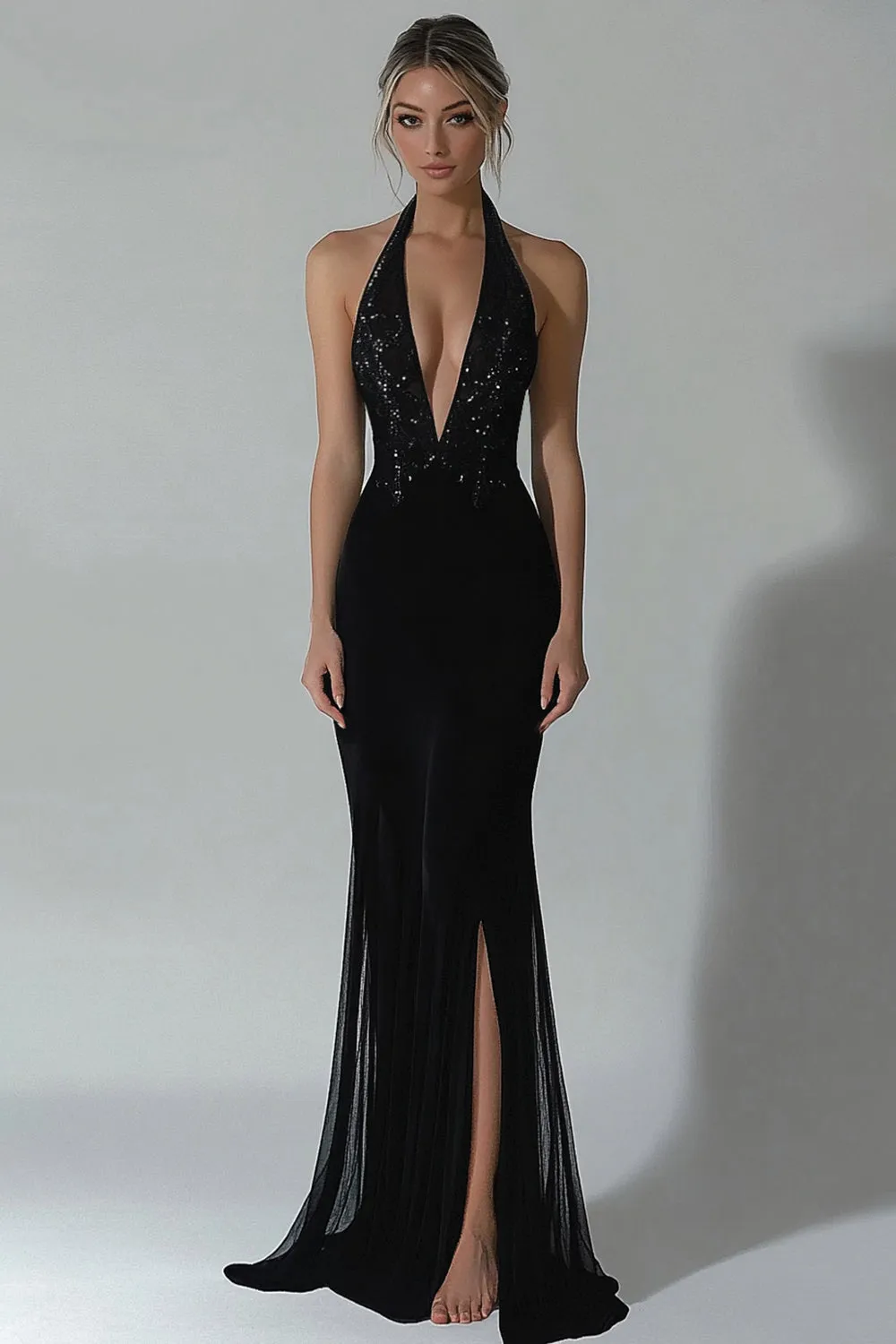 Black Halter Mermaid Formal Dress with Slit