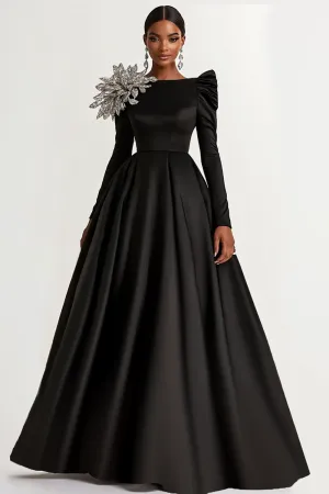 Black Satin Boat Neck Long Sleeves A-Line Long Wedding Guest Dress