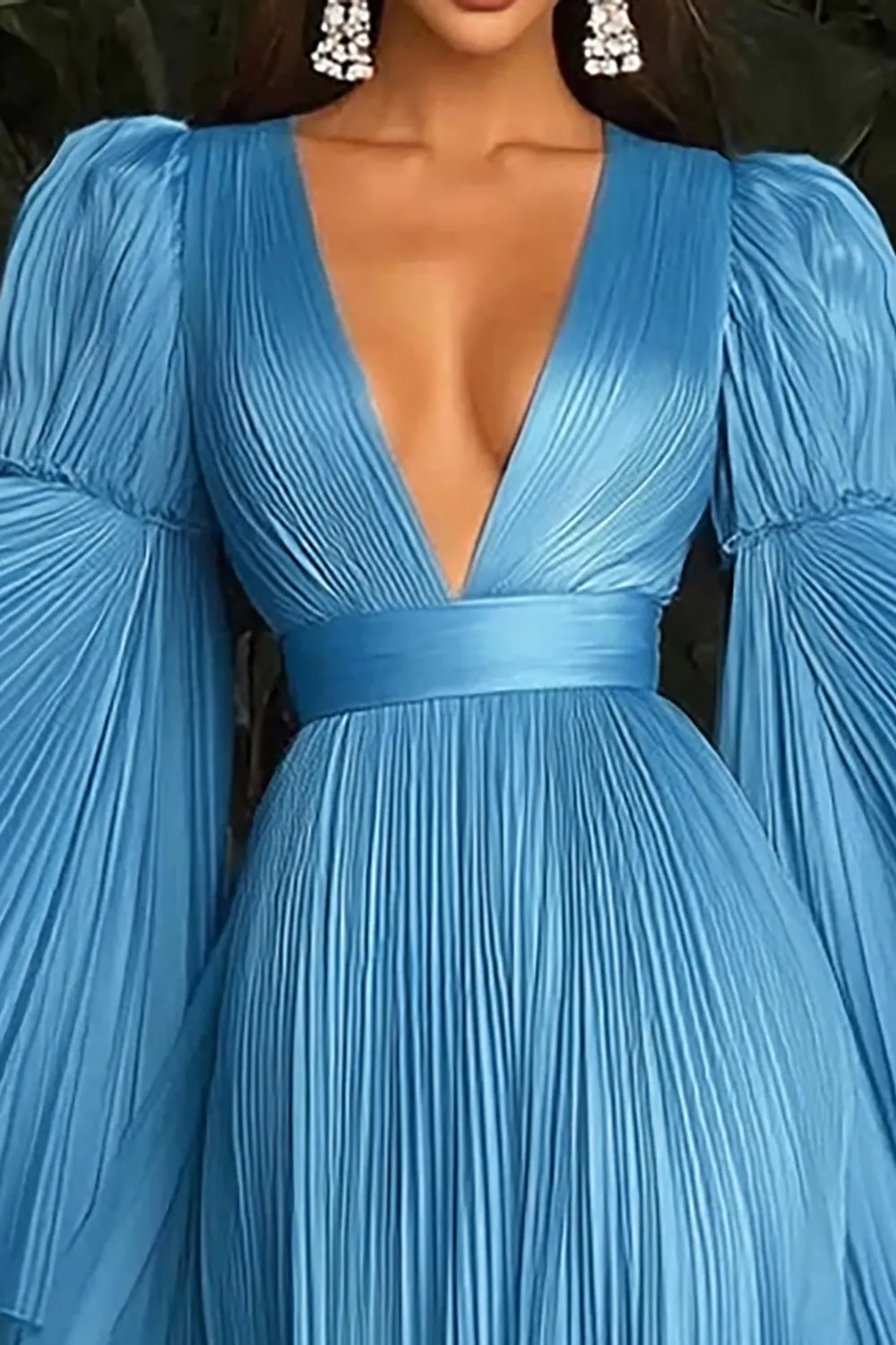 Blue A Line V-Neck Sun Pleated Gala Dress With Long Sleeves