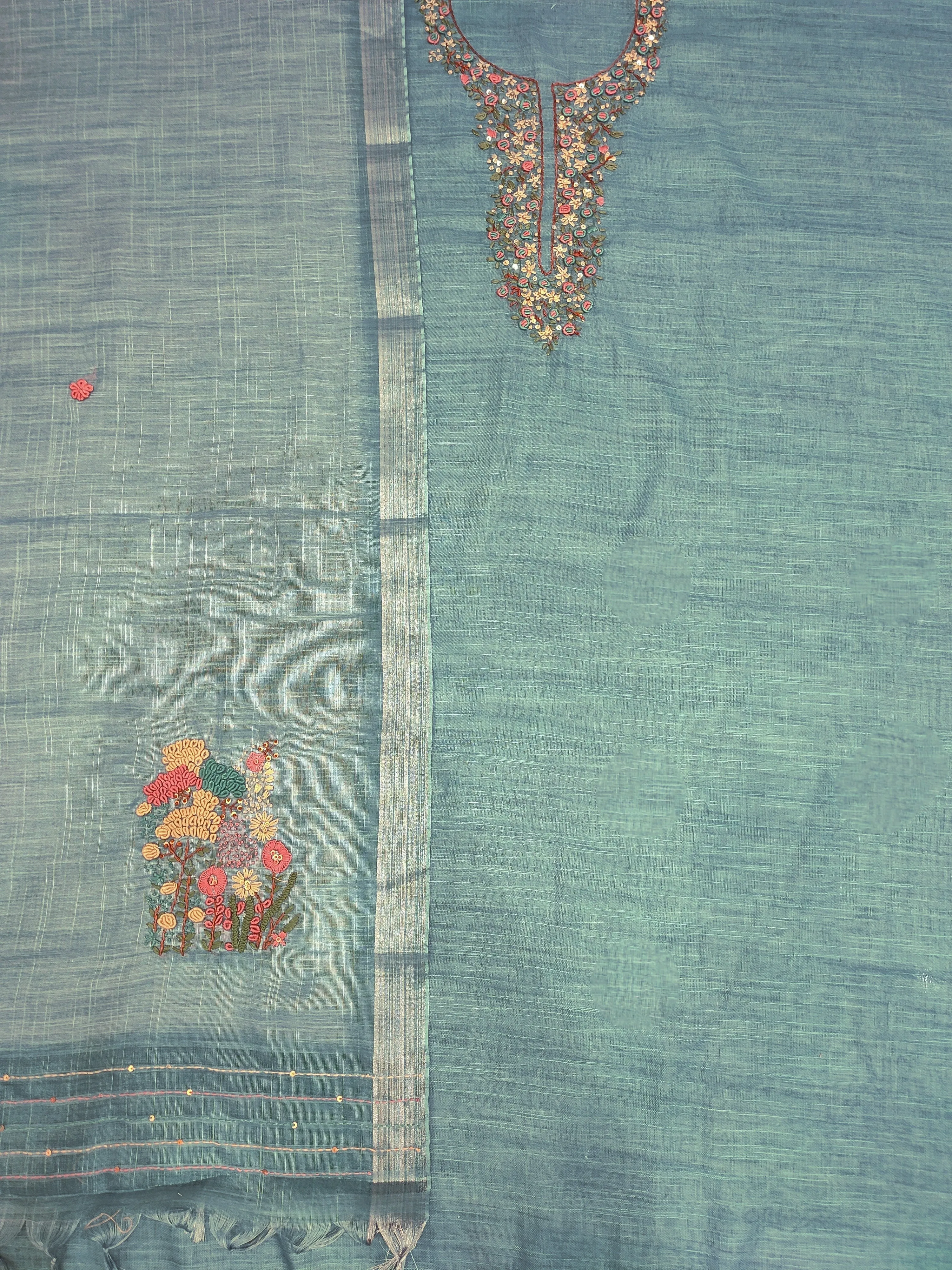 Blue Linen Silk Unstitched Suit With Thread Embroidery