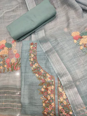 Blue Linen Silk Unstitched Suit With Thread Embroidery