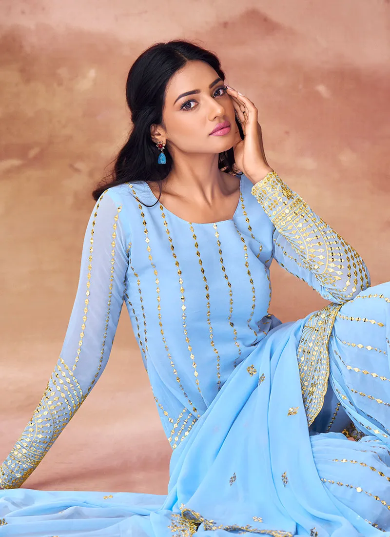 Blue Sequence Embroidery Traditional Gharara Style Suit