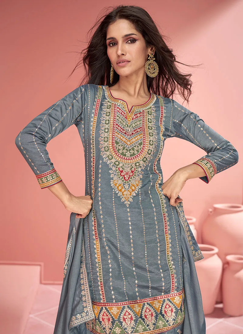 Bluish Grey Multi Embroidery Gharara Style Palazzo Suit