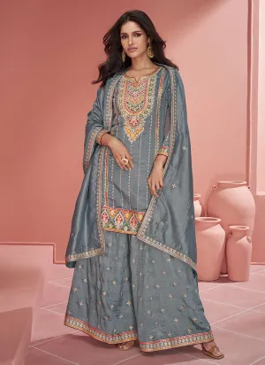 Bluish Grey Multi Embroidery Gharara Style Palazzo Suit