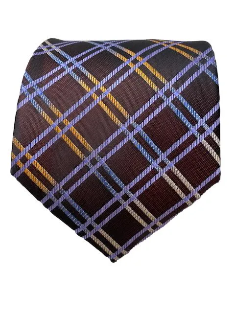 Brown 2XL Tie with Purple Orange Plaid Pattern