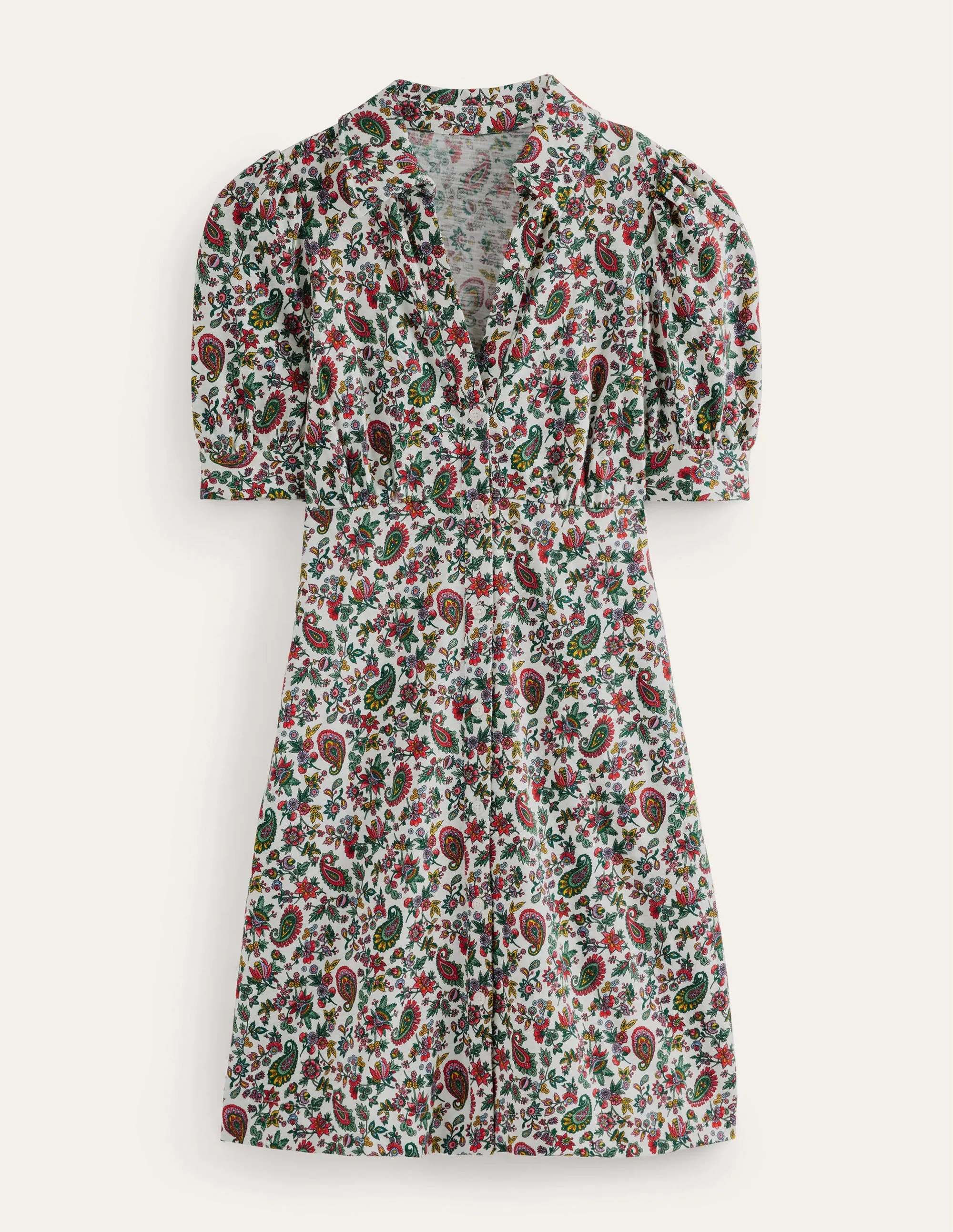 Button Jersey Mini Tea Dress-Multi, Dandelion Paisley