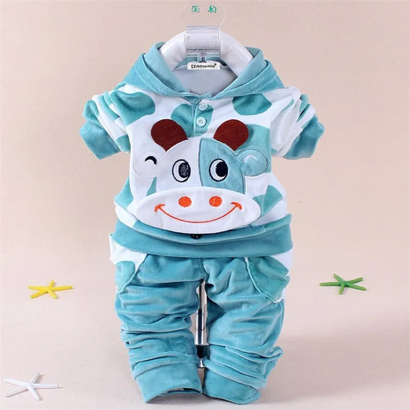 Cartoon Plush Long-Sleeved Sweatshirt with Hoodie and Pants - Set for Baby and Kids