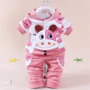 Cartoon Plush Long-Sleeved Sweatshirt with Hoodie and Pants - Set for Baby and Kids