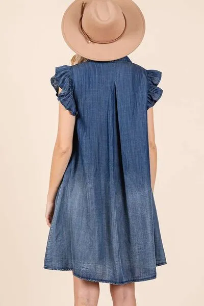 Casual Short Sleeve Denim Dress  100% Cotton Luxury with pockets Ruffle Sleeve Buttoned Mini Dress