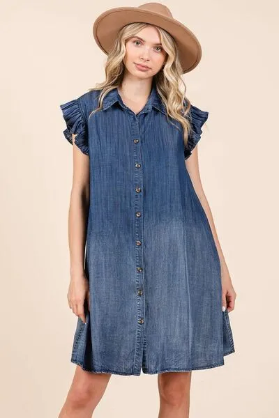 Casual Short Sleeve Denim Dress  100% Cotton Luxury with pockets Ruffle Sleeve Buttoned Mini Dress