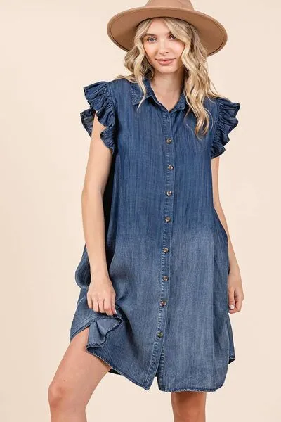 Casual Short Sleeve Denim Dress  100% Cotton Luxury with pockets Ruffle Sleeve Buttoned Mini Dress