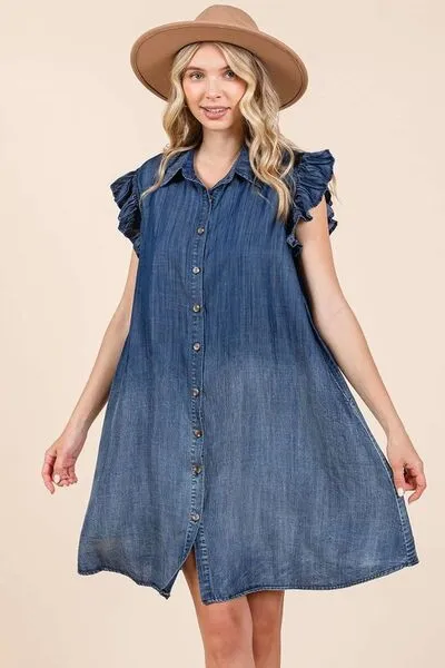 Casual Short Sleeve Denim Dress  100% Cotton Luxury with pockets Ruffle Sleeve Buttoned Mini Dress