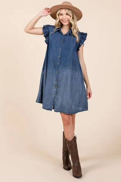 Casual Short Sleeve Denim Dress  100% Cotton Luxury with pockets Ruffle Sleeve Buttoned Mini Dress