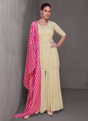 Cream And Pink Lucknowi Embroidery Gharara Style Suit