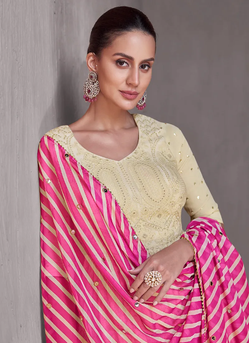 Cream And Pink Lucknowi Embroidery Gharara Style Suit