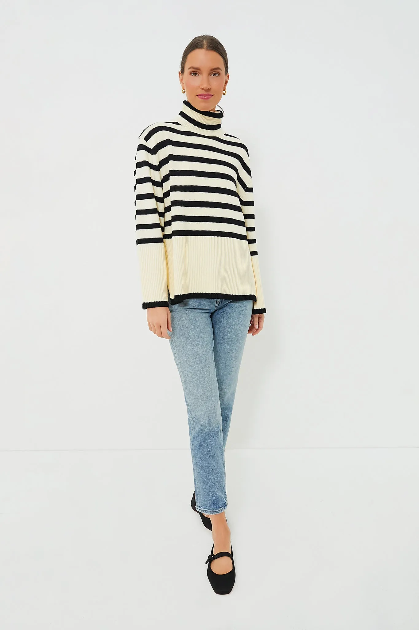 Cream Striped Turtleneck Sweater