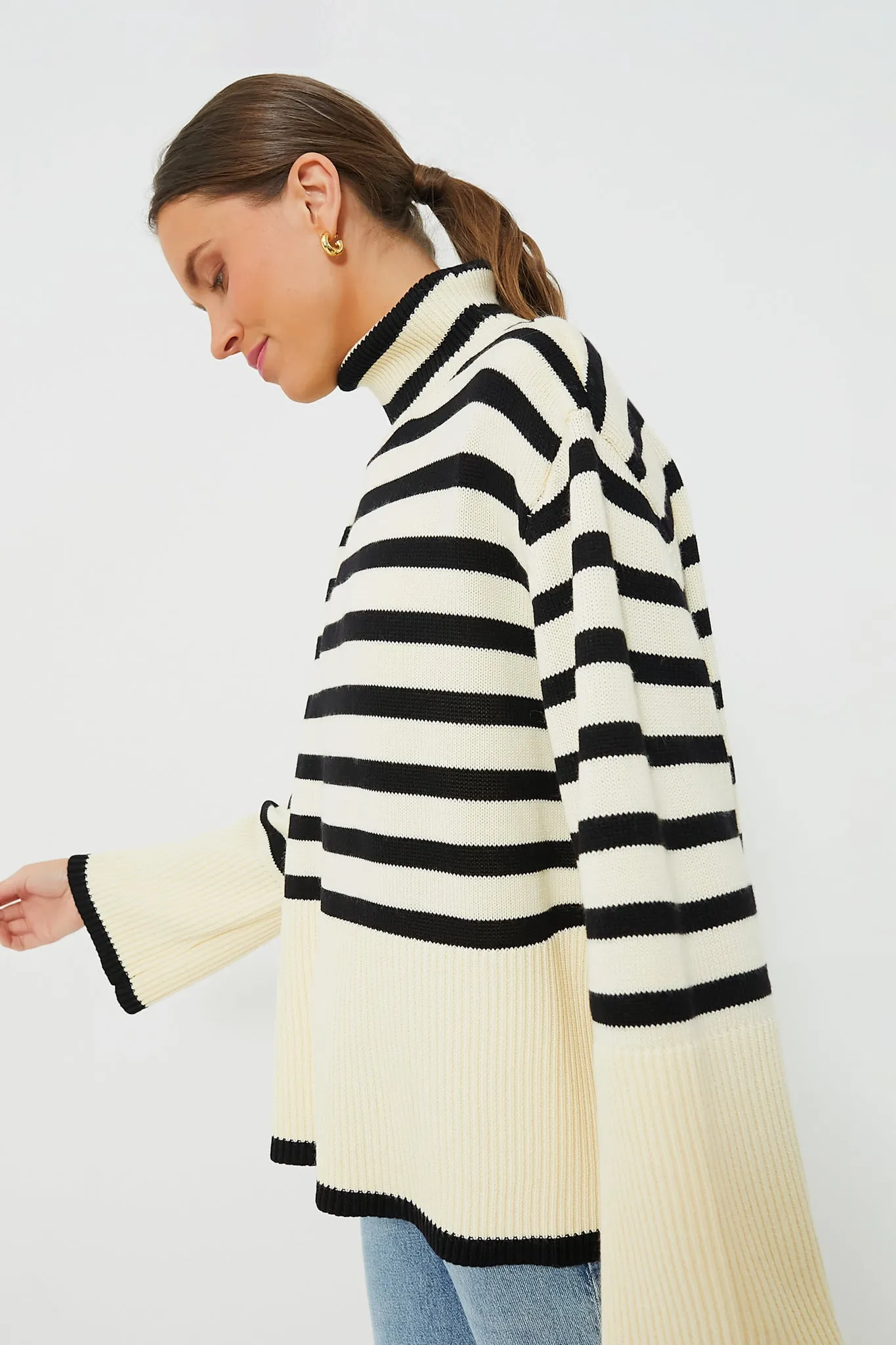 Cream Striped Turtleneck Sweater