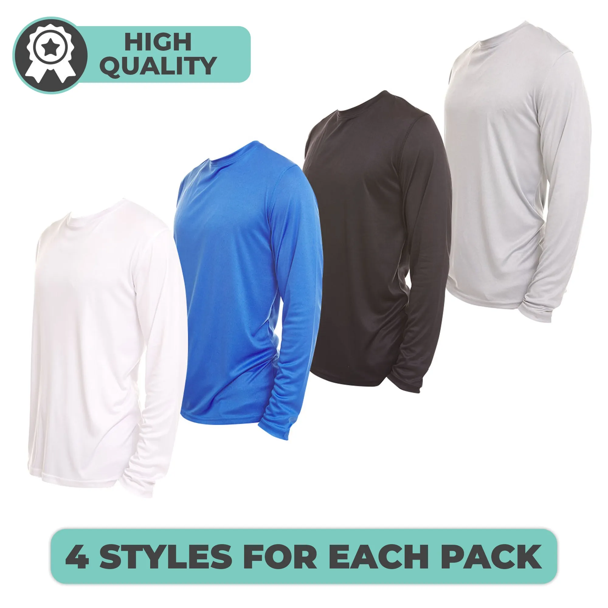 DARESAY Dri-Fit Long Sleeve T Shirts for Men-4 Pack- Moisture Wicking, Quick Dry Tees Classic Unique Breathable Mens Shirt