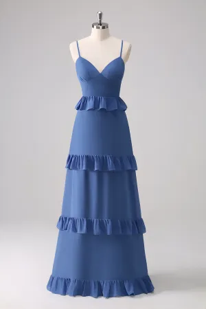 Dark Blue A Line Tiered Ruffle Maxi Dress with Lace-Up Back