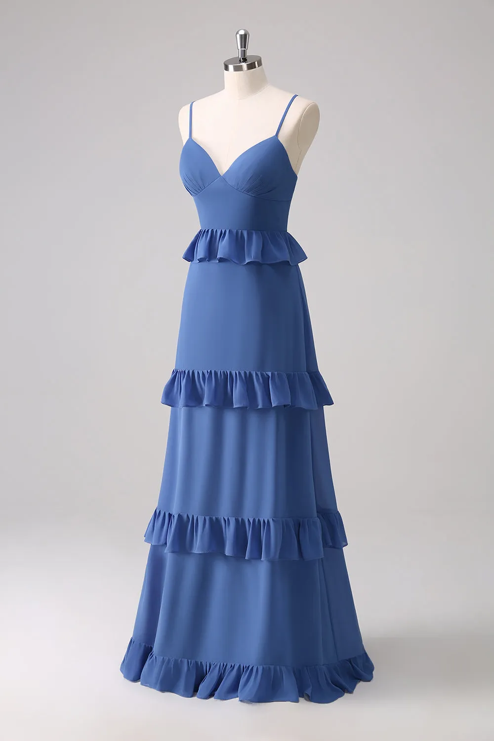 Dark Blue A Line Tiered Ruffle Maxi Dress with Lace-Up Back