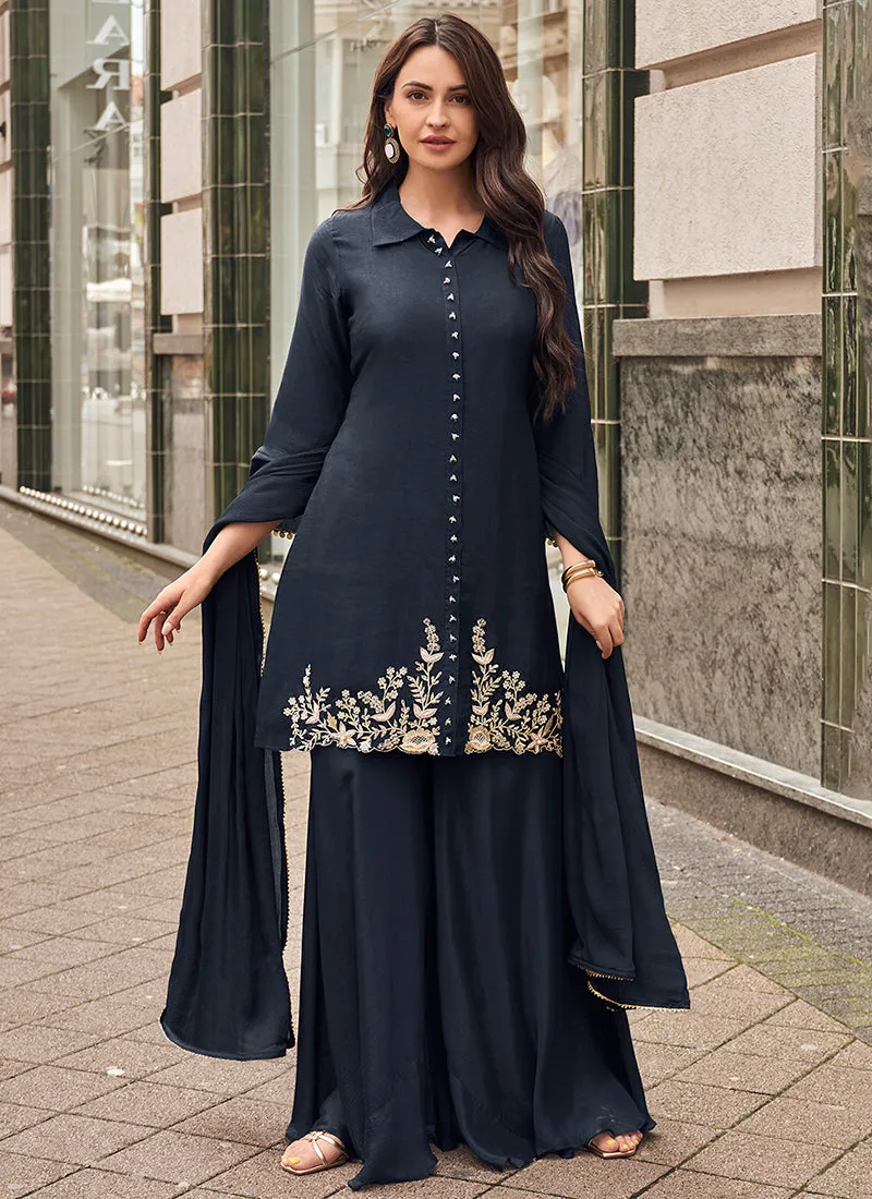 Dark Blue Handwork Embroidery Party Wear Palazzo Suit