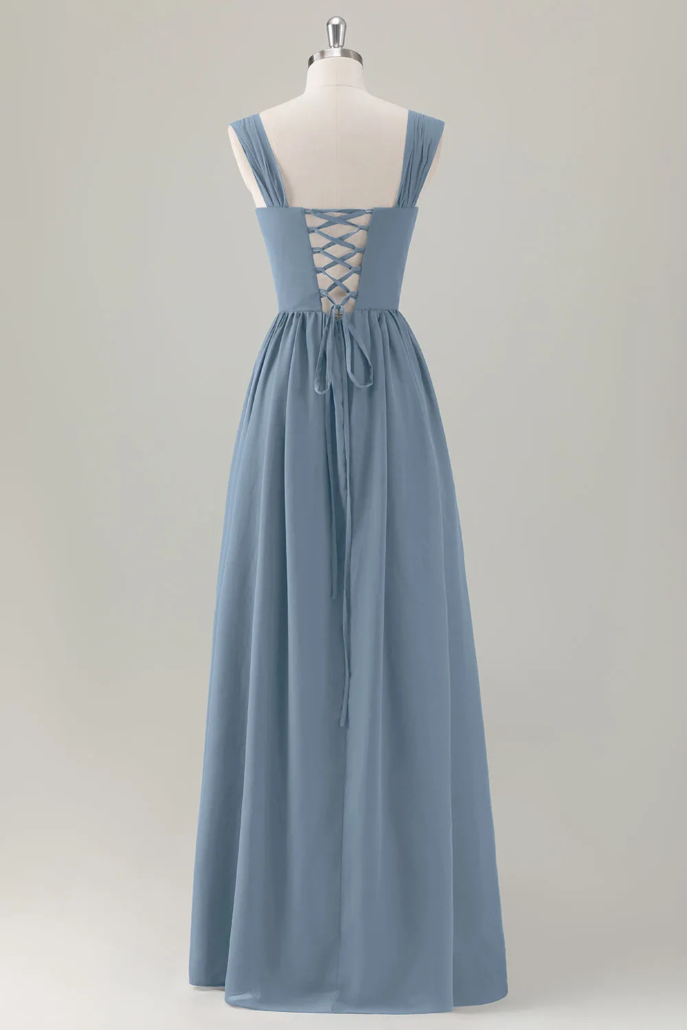 Dark Blue Ruched A Line Chiffon Corset Maxi Dress with Lace-Up Back