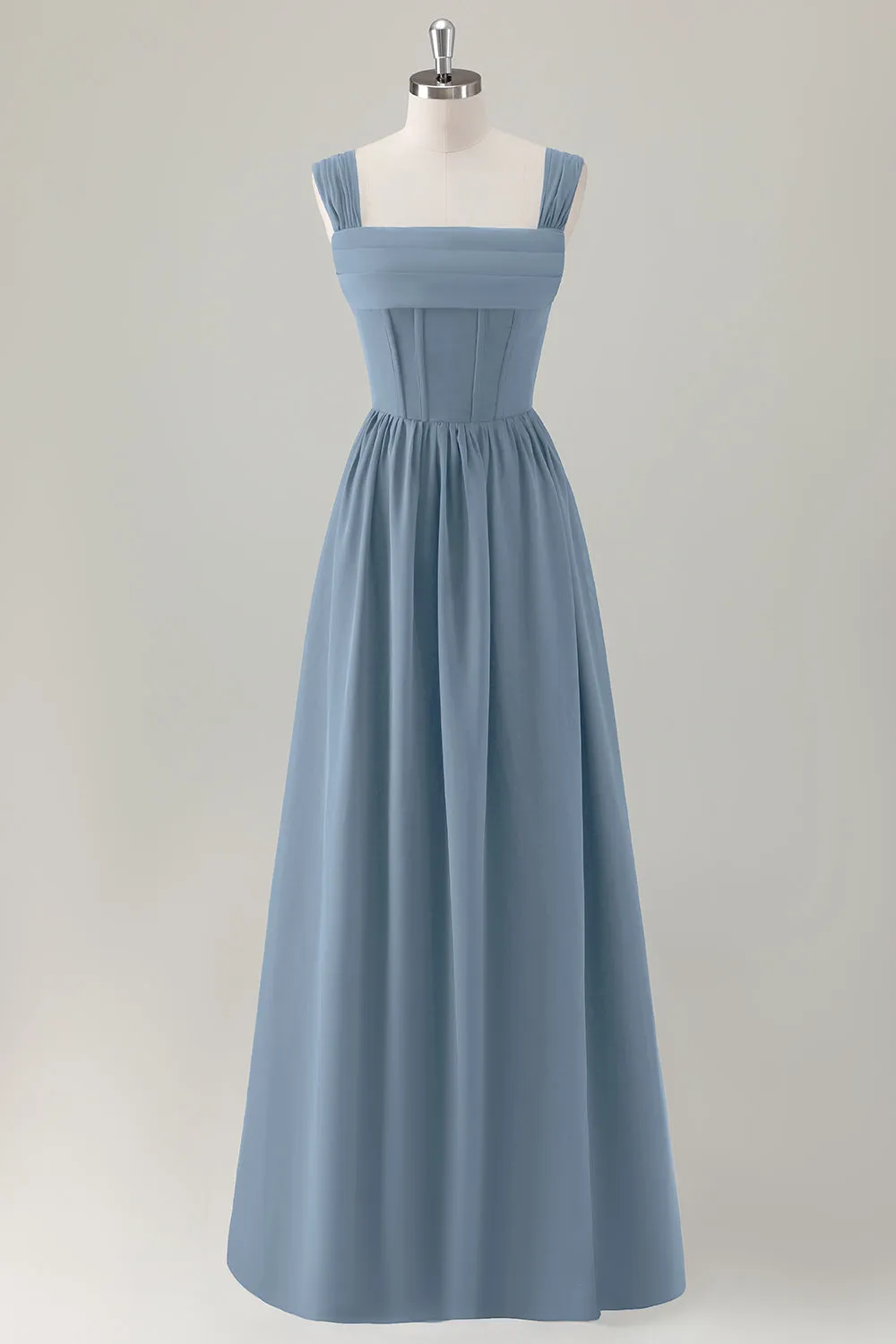 Dark Blue Ruched A Line Chiffon Corset Maxi Dress with Lace-Up Back