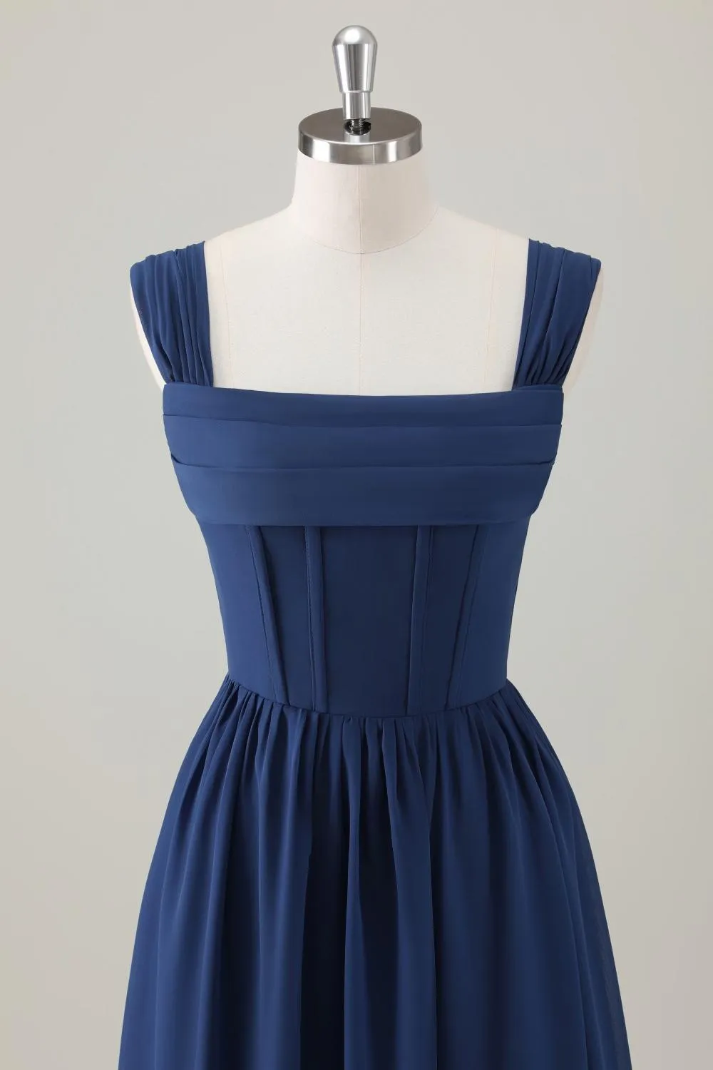 Dark Blue Ruched A Line Chiffon Corset Maxi Dress with Lace-Up Back