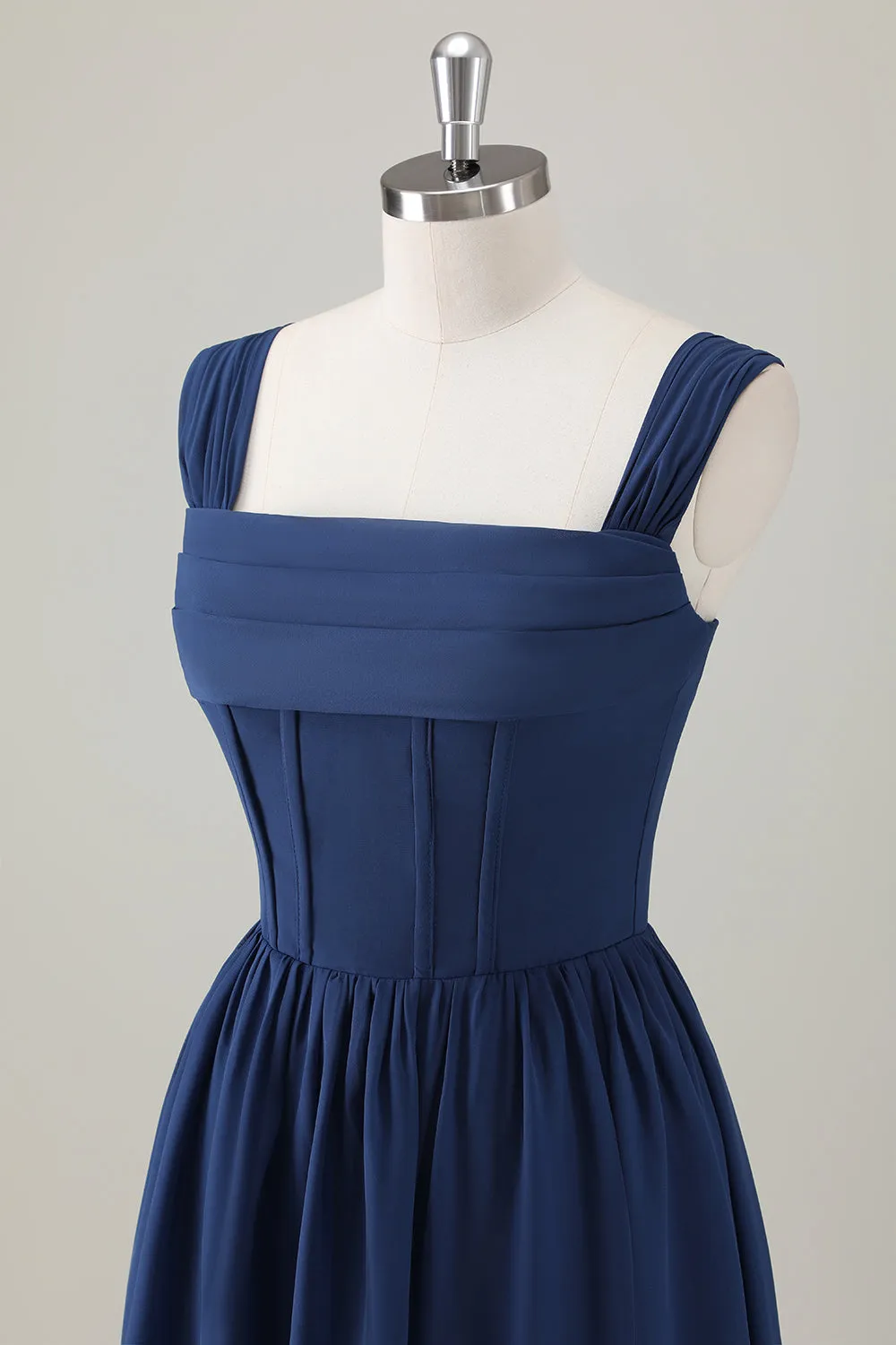 Dark Blue Ruched A Line Chiffon Corset Maxi Dress with Lace-Up Back