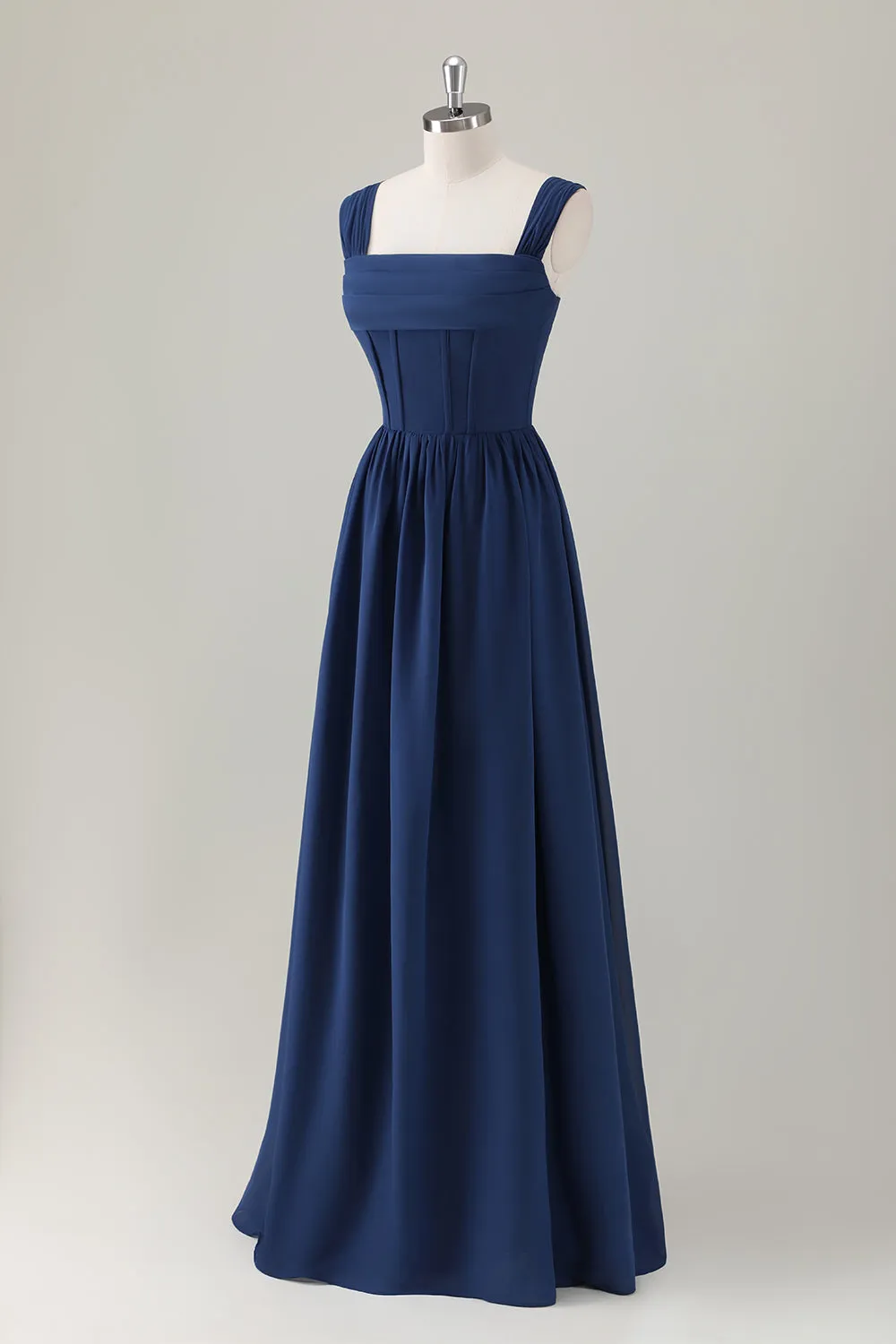 Dark Blue Ruched A Line Chiffon Corset Maxi Dress with Lace-Up Back