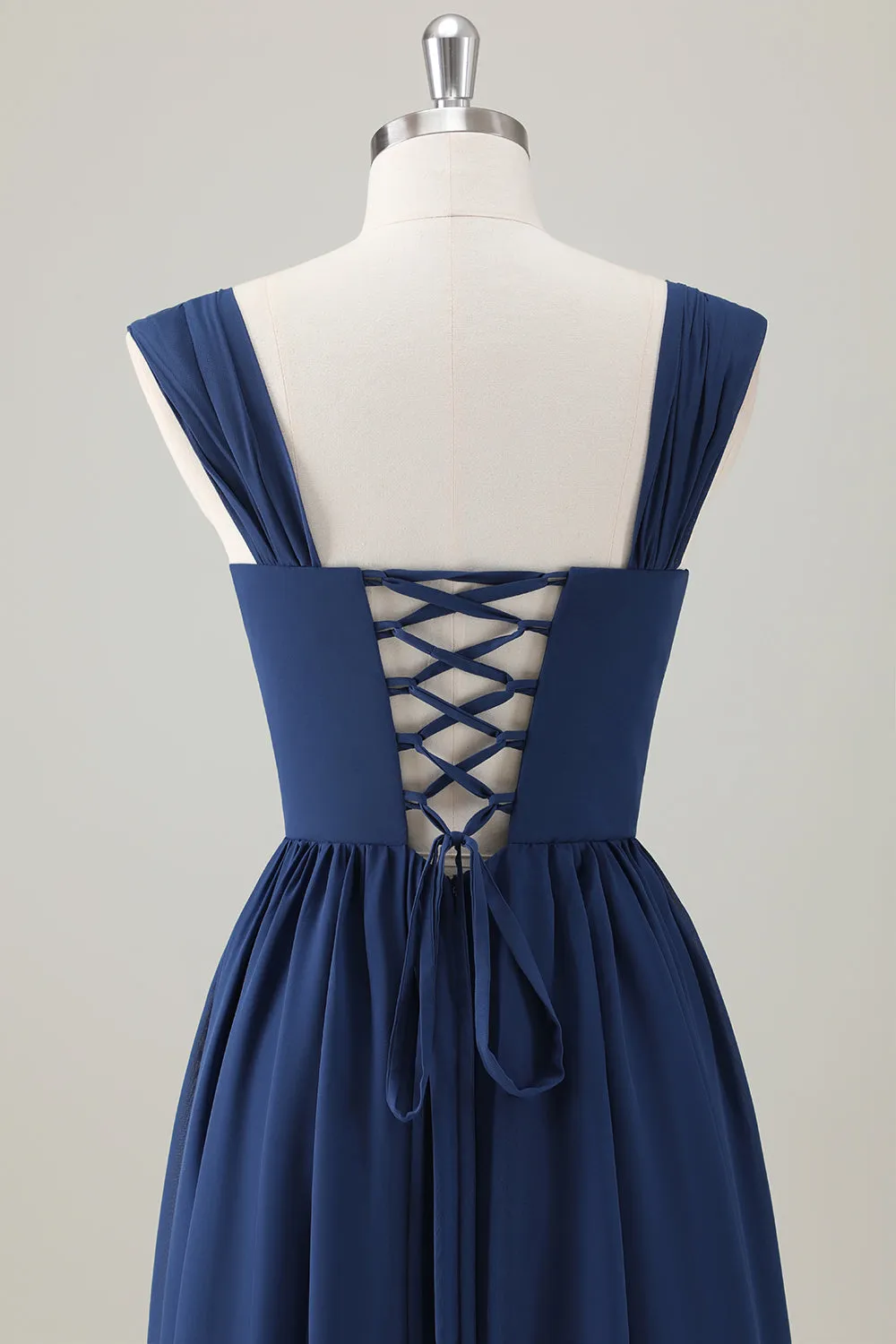 Dark Blue Ruched A Line Chiffon Corset Maxi Dress with Lace-Up Back