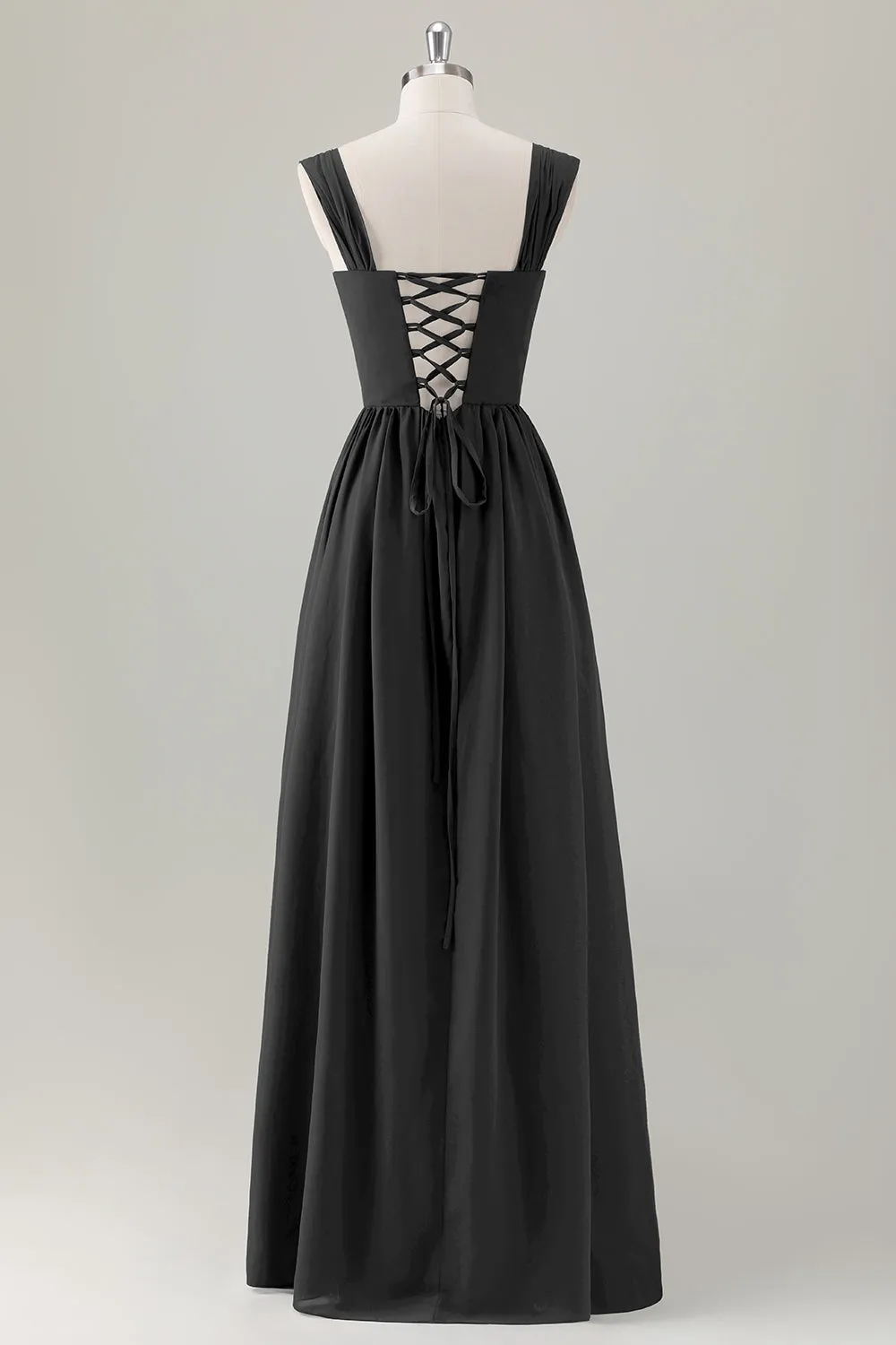 Dark Blue Ruched A Line Chiffon Corset Maxi Dress with Lace-Up Back