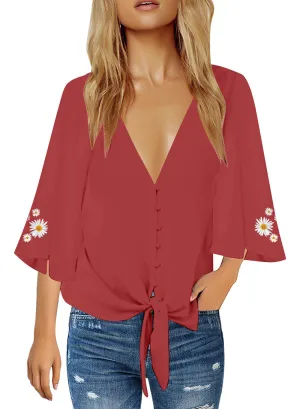 Dark Blush Floral Sleeves V-Neckline Button-Down Loose Tie-Front Top