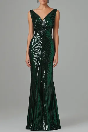 Dark Green Mermaid V-Neck Sequins Pleated Formal Dress