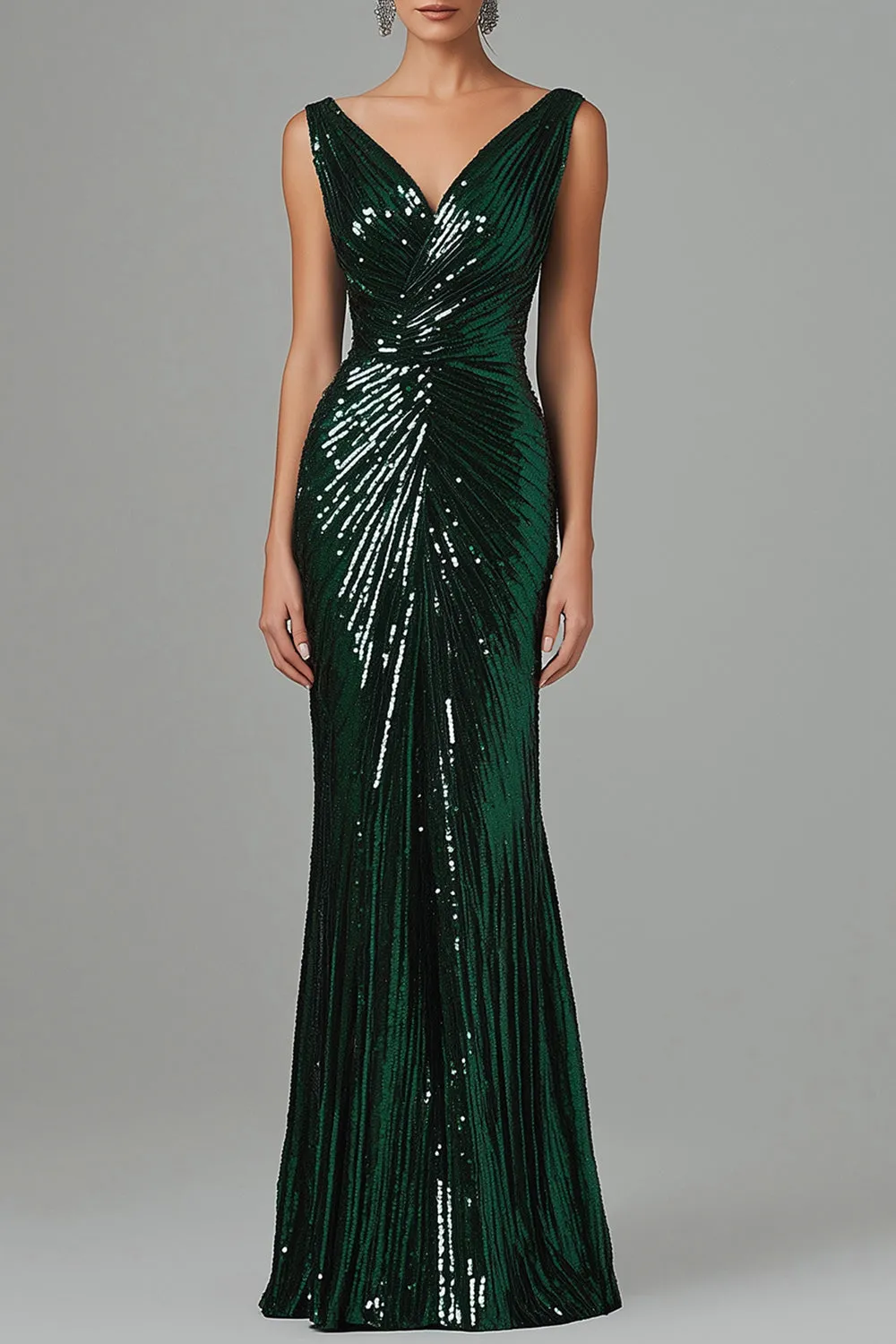 Dark Green Mermaid V-Neck Sequins Pleated Formal Dress