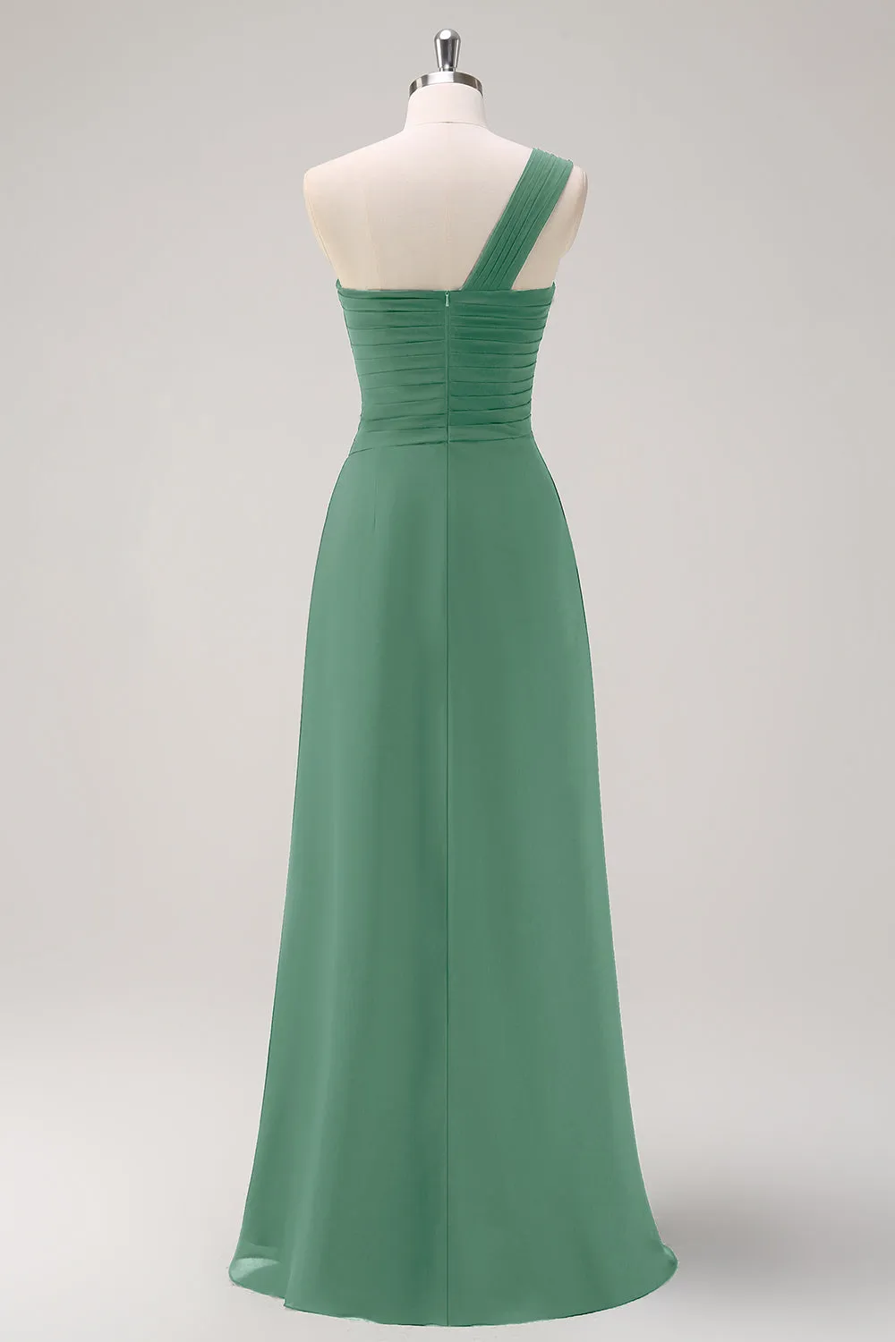 Dark Green Ruched A Line One Shoulder Maxi Dress with Slit