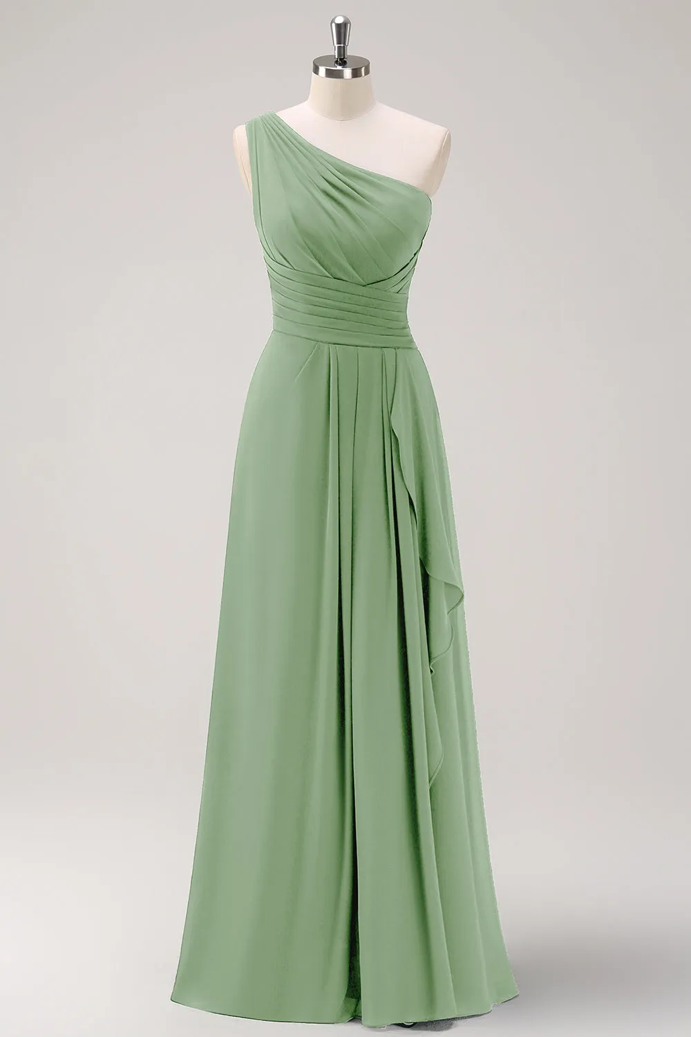 Dark Green Ruched A Line One Shoulder Maxi Dress with Slit