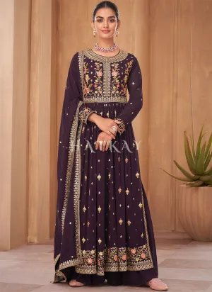 Deep Purple Georgette Embroidered Wedding Palazzo Suit