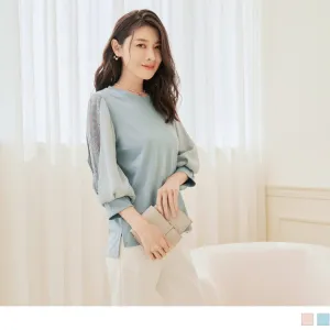 DIP HEM PURE COLOR PATCHED LACE PUFF SLEEVE TOPS