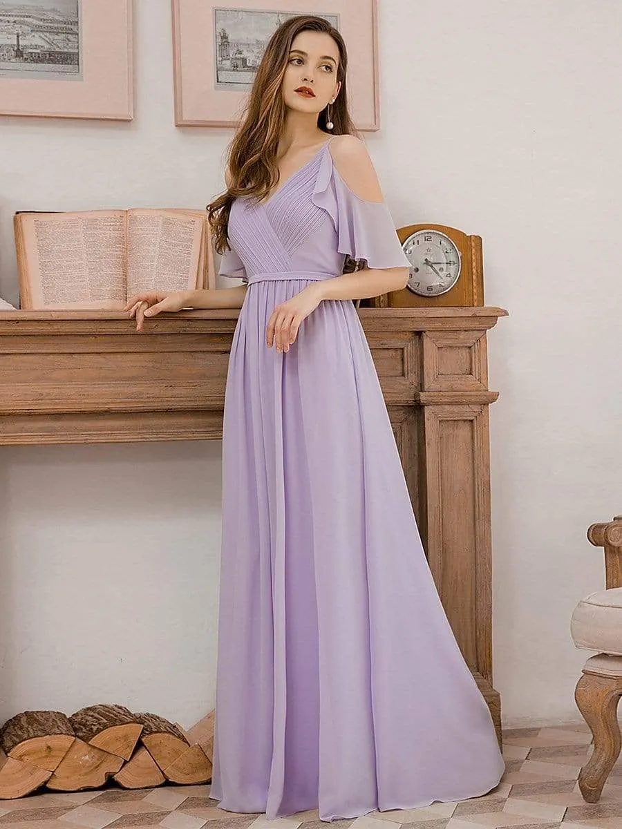 Elegant Chiffon V-neck Bridesmaid Dresses with Ruffles Sleeves