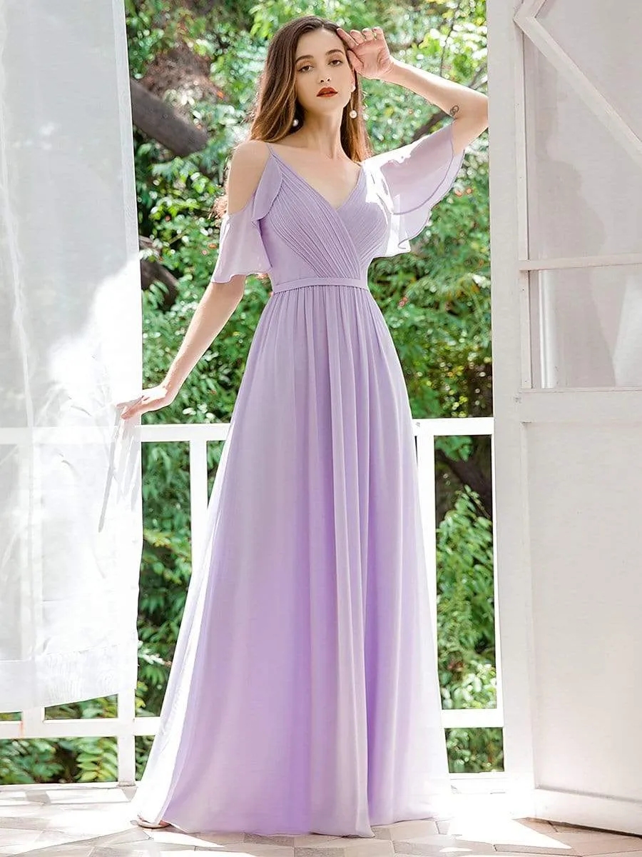 Elegant Chiffon V-neck Bridesmaid Dresses with Ruffles Sleeves