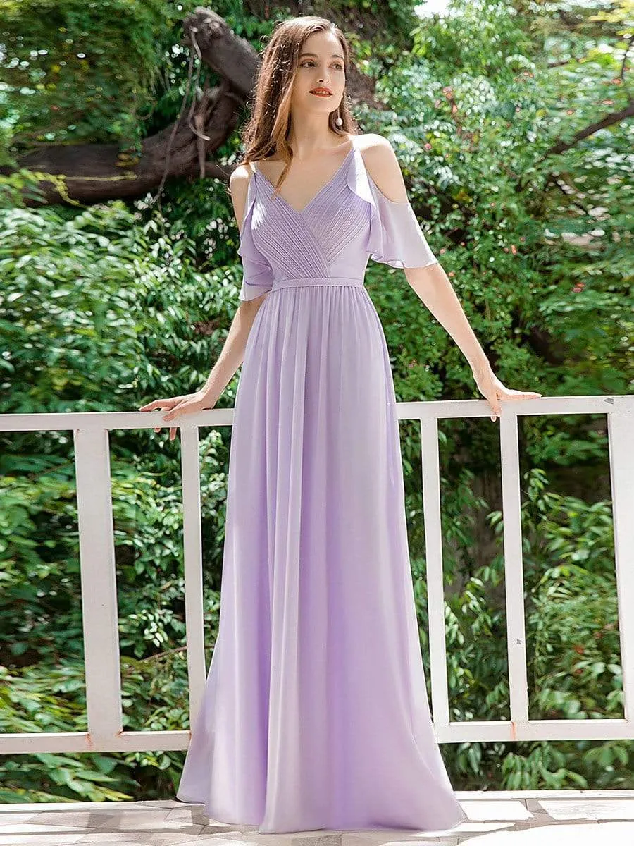 Elegant Chiffon V-neck Bridesmaid Dresses with Ruffles Sleeves